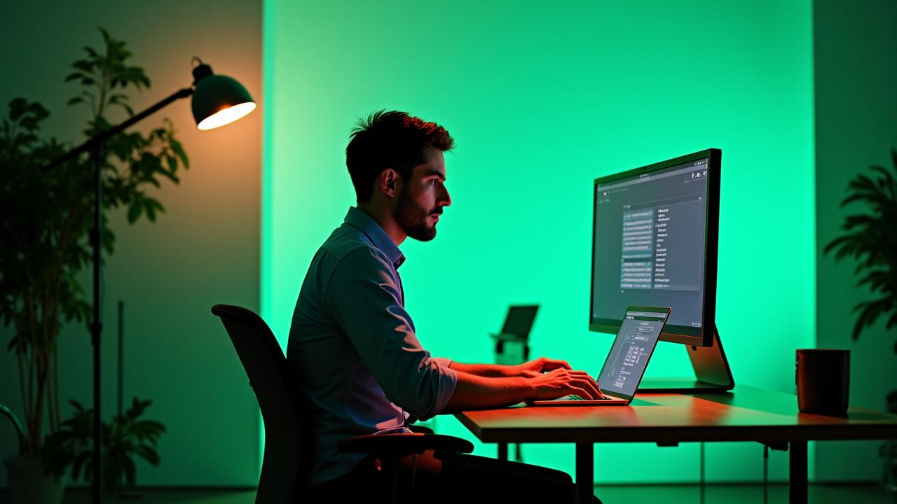 Professionista italiano che utilizza strumenti AI avanzati in un ufficio moderno